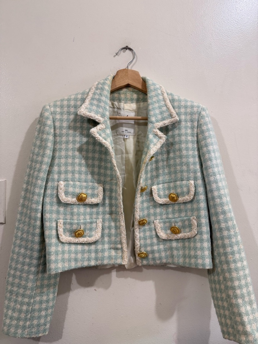 Vertigo Paris Cropped Houndstooth Blazer in Mint and Cream